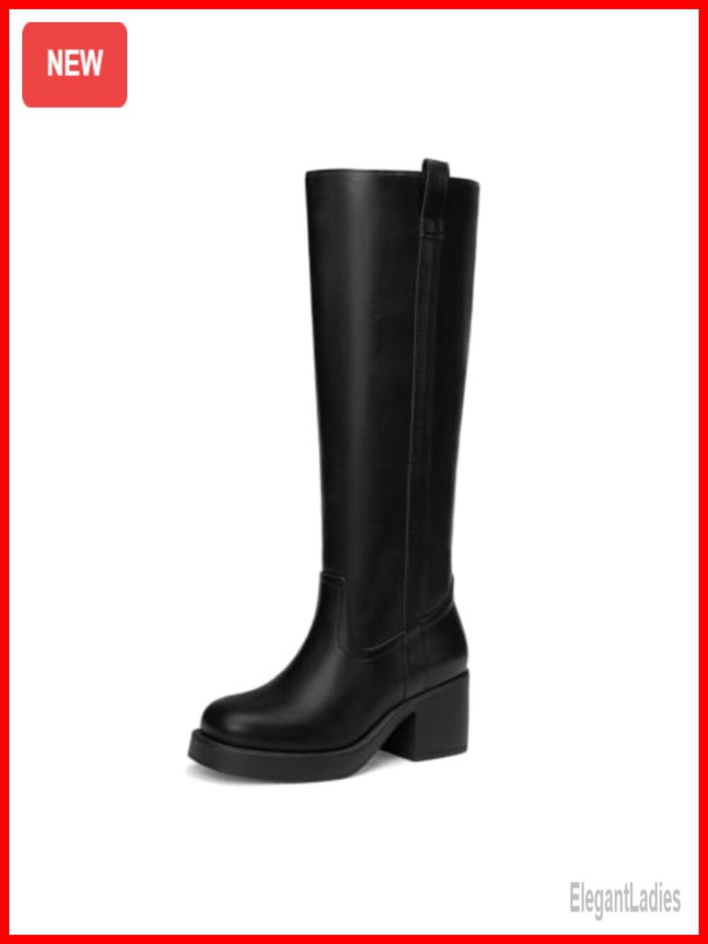 Knee High Faux Leather Riding Boots Round Toe Chunky Block Heel